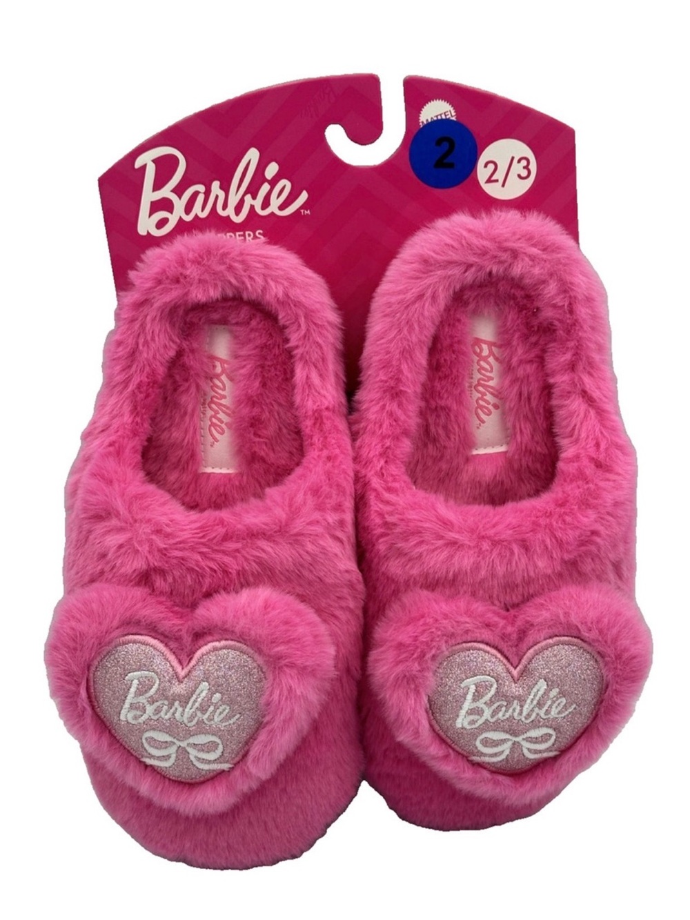 Girls Barbie Hot Pink Fuzzy Heart Slip-On Slippers Size 2/3